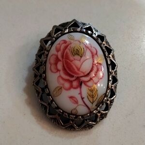 Hand painted pink rose floral brooch silver base pin back cameo vintage